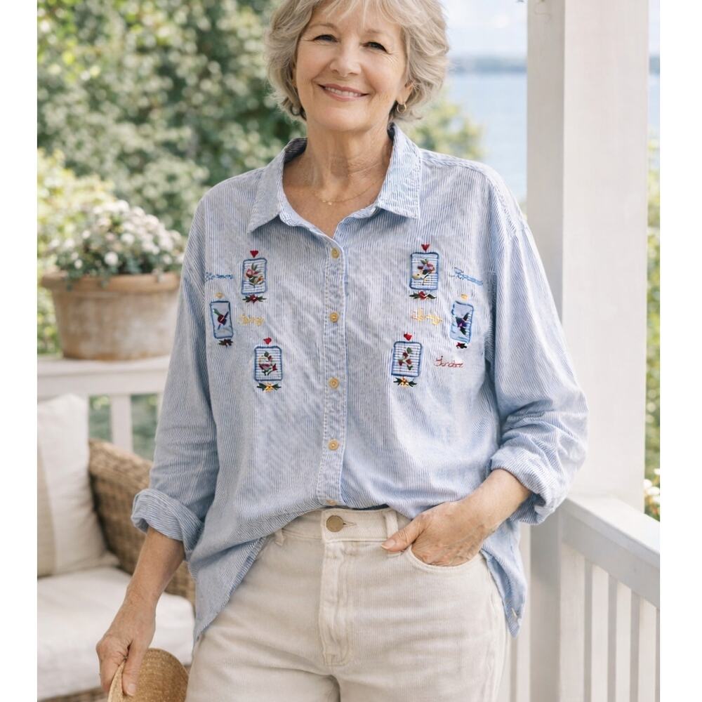 Route 66 Women Embroidered Floral Button Up Shirt Blue White Garden Top Large